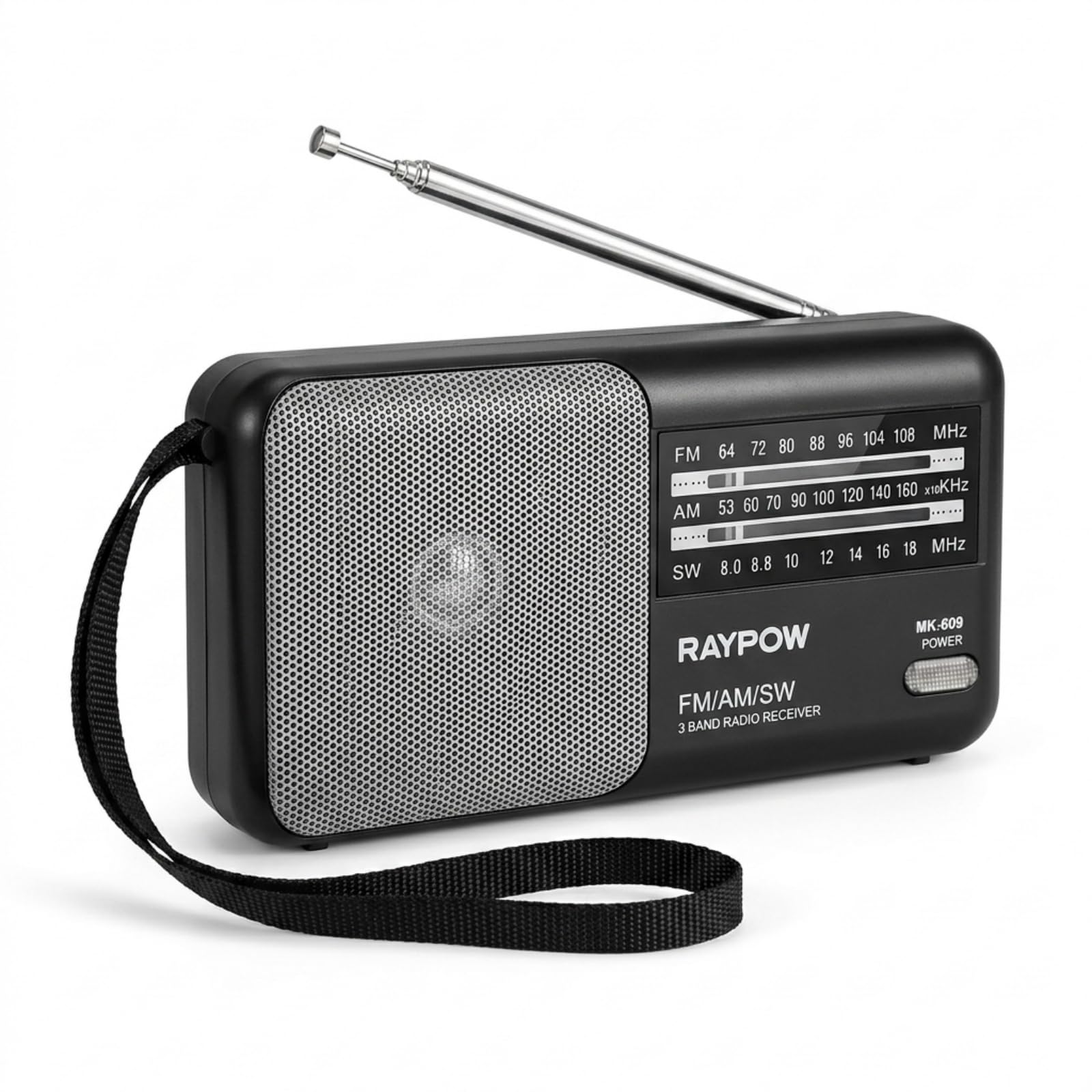 Radio portatile FM AM SW8~SW18 3 bande transistor, altoparlante potente, funziona con 2 batterie AA