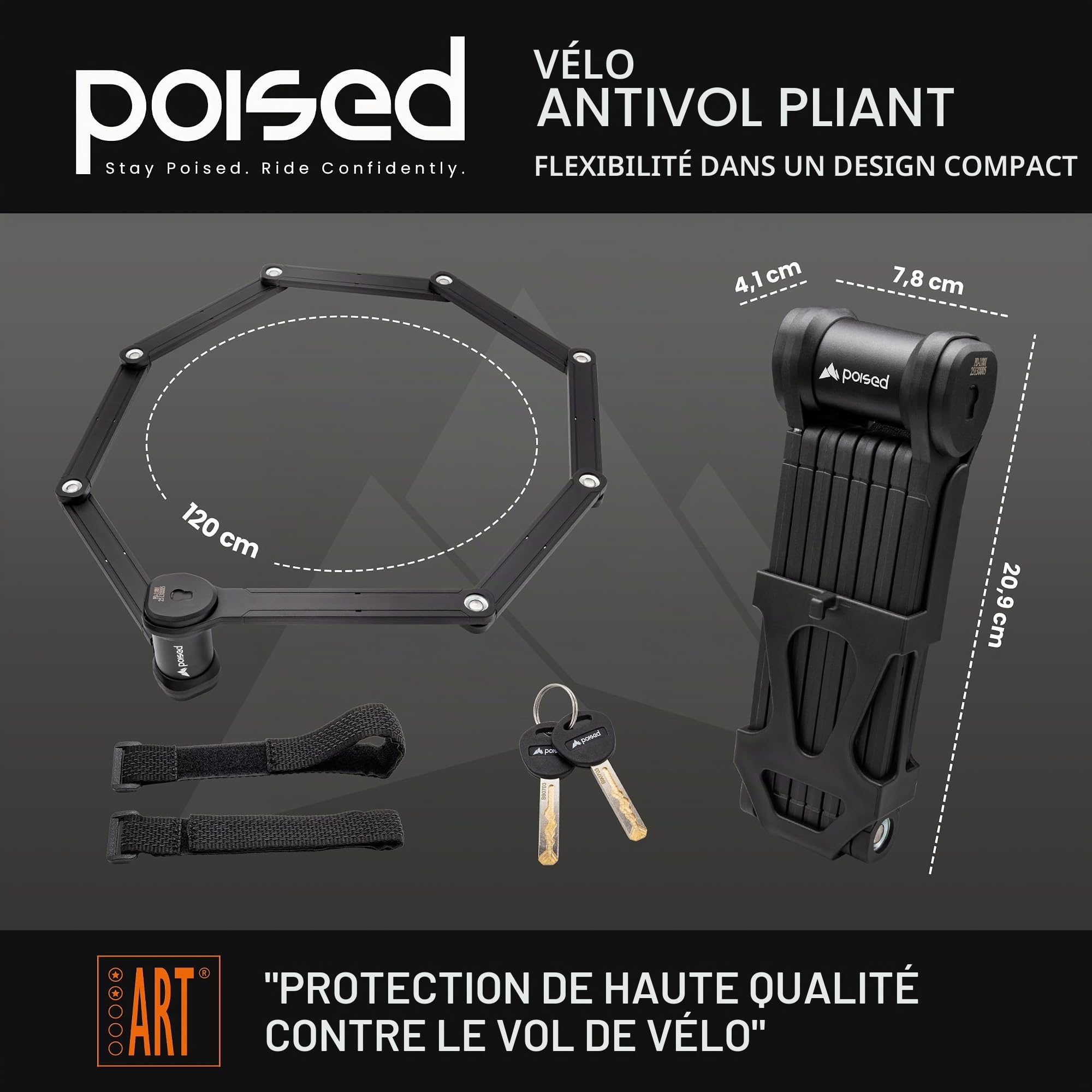 Poised Antivol Pliable pour Vélo 120 cm avec Certification ART 2 & Support – Antivol de Vélo de Haute Sécurité en Acier Trempé, Antivol pour E-Bike & Vélo