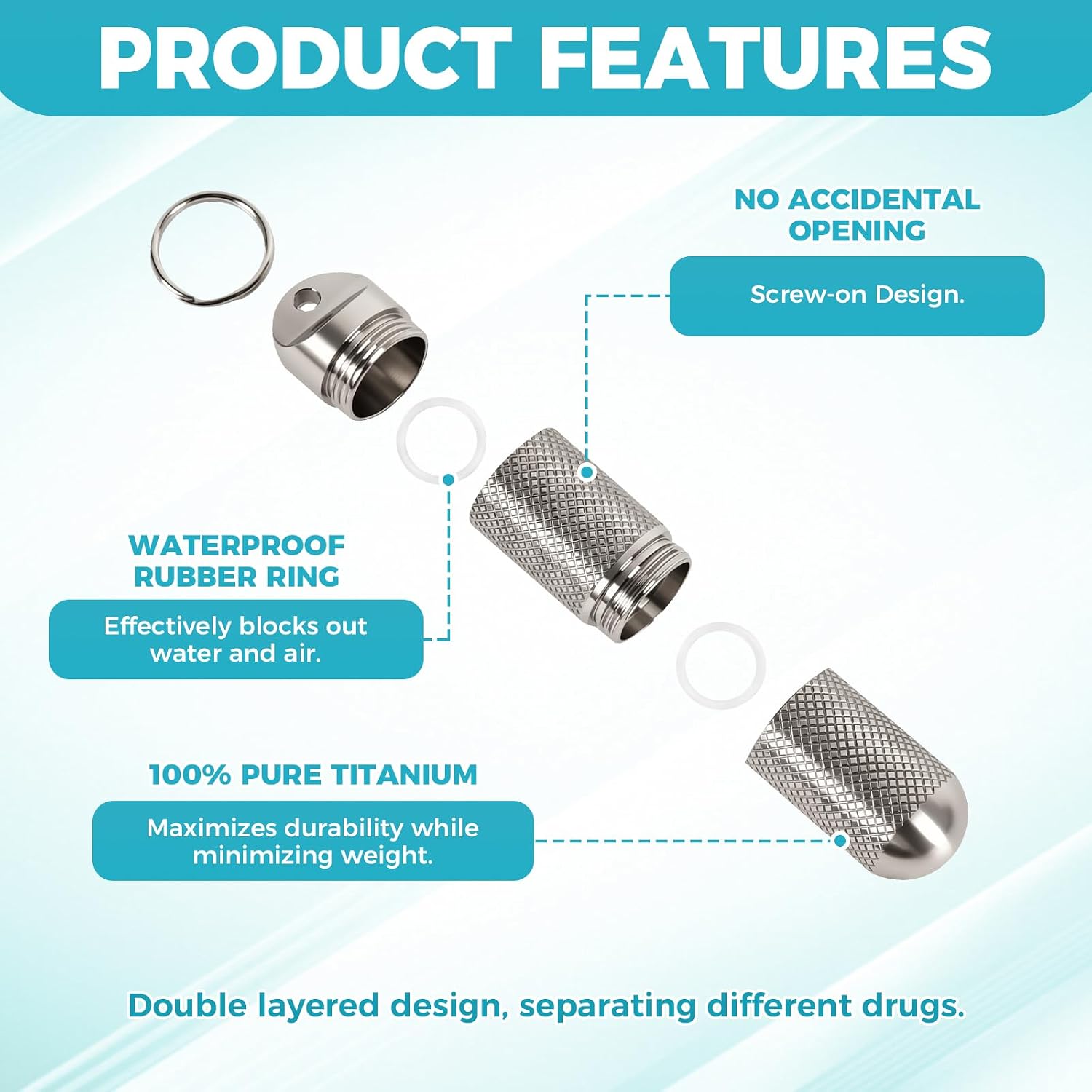 2 Compartments Design Titanium Portable Keychain Pill Holder, Waterproof Pill Box Container Mini Pill Organizer for Travel Purse Pocket image 4