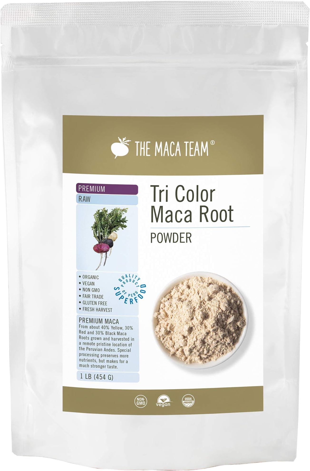 Organic Raw Premium Maca Powder, Fresh Harvest from Peru, Fair Trade, GMO-Free, Gluten Free, Vegan and Raw, 454 gr-50 Serving