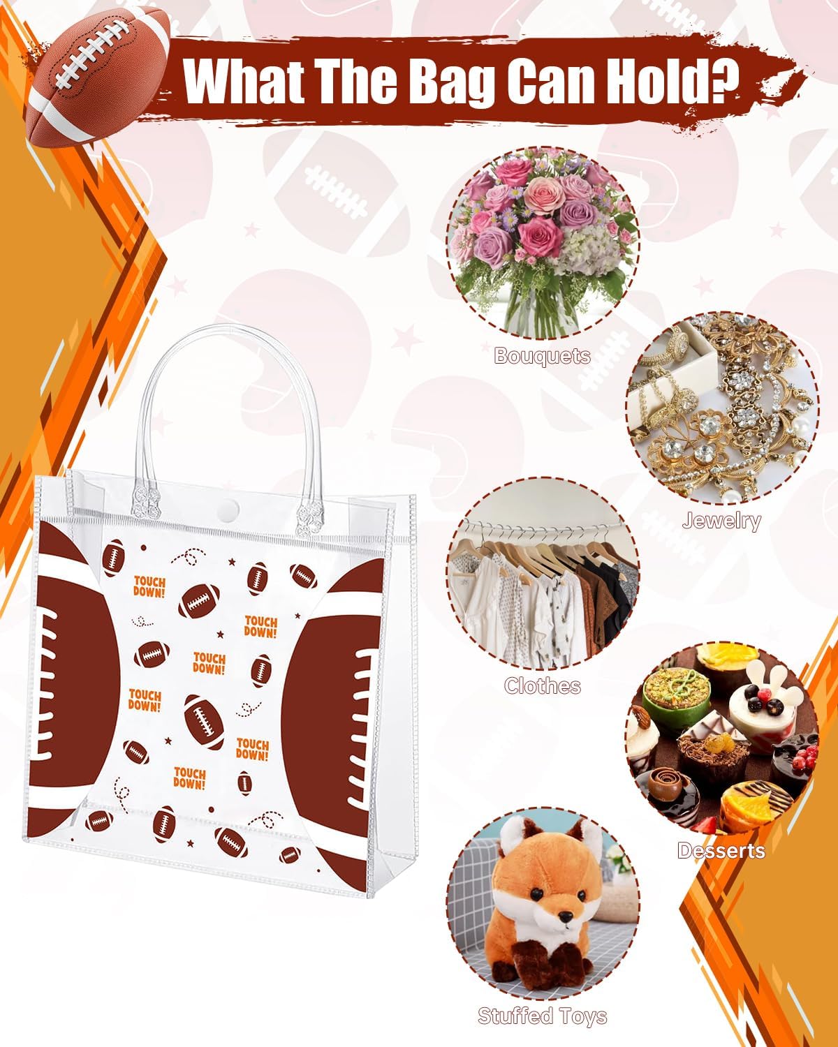 Clear Football Favor Bags with Handles - 24 Pack Football Gift Bags, Transparent PVC Goodie Bags for Sports Theme Birthday Holiday Team Events (8 x 8 x 3.2Inch) - Image 4