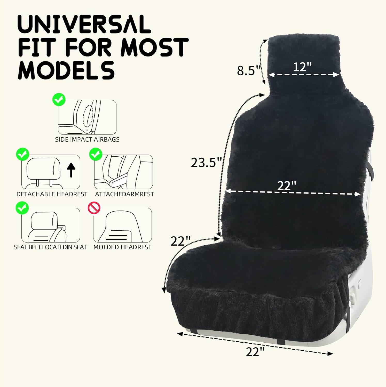 Aegis Cover Premium Sheepskin Car Seat Cover, Front Seat Wrap Australian Merino Wool Easy-Install Universal Fit for Summer & Winter SUV Truck Sedan Most Vehicles (Black)