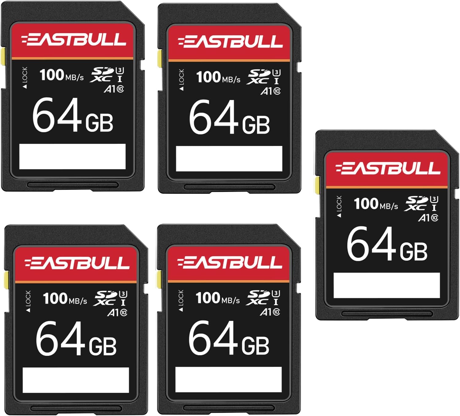 5-Pack of SD Card 64GB EASTBULL Class 10 SD Cards U1 V30 High-Speed 100MB/s Read SDXC Memory Card 5-Pack for Camera, Full HD Video, with 5 Mini Cases (64 GB, 5 Pack)