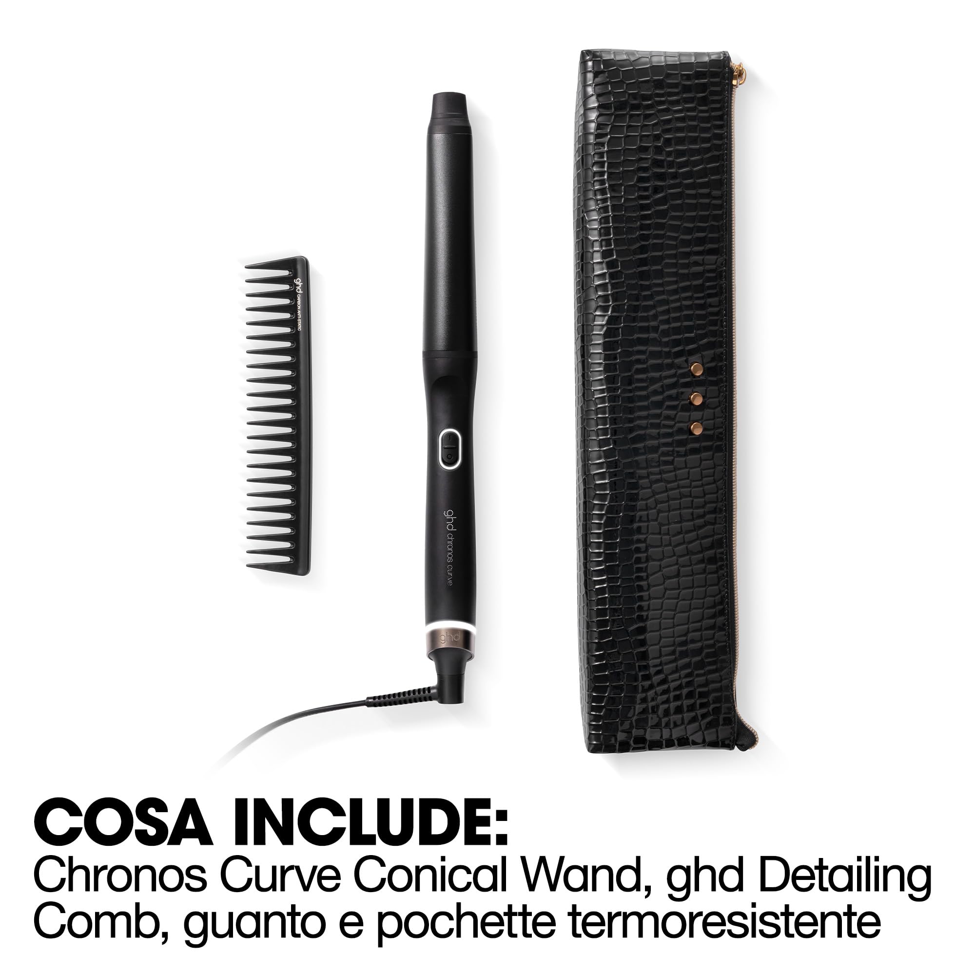 ghd Set Regalo Chronos Curve Conical Wand, Include Ferro Arricciacapelli, Pettine Antistatica e Custodia Termoresistente, Beach Waves Durature e 50% più Lucenti, Senza Danni da Calore, Spina EU