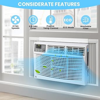 Window Air Conditioner 8000 BTU,WiFi-Enabled Smart AC with Remote, 3 Modes Cool Dry Fan Speed Control, Fast Cooling for 350 Sq.Ft 115V Mini Air Conditioner for Bedroom, Office, Home