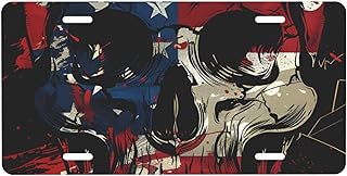 Front License Plate for Car Designs Retro American Flag Skull Stainless License Plate Cover Holder for Men Women Metal Aluminum Decorative Accessory Vanity Tag Standard 6 X 12 Inch (4 Holes)
