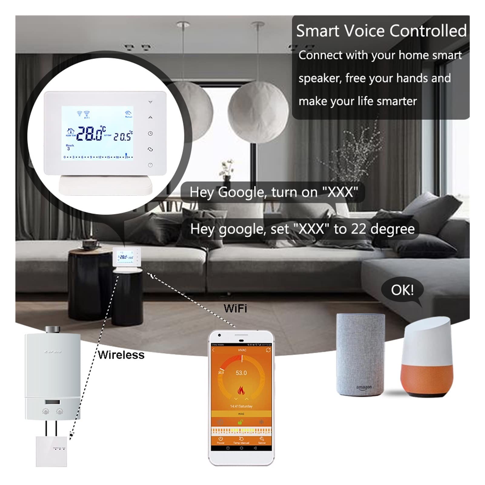 Inteligentny termostat, 30. 6rf. Termostat bezprzewodowy WIFI Smart Temperature Controller Thermostato do kotła gazowego współpracuje z Alexa Google Home(BOT306RF-WIFI)