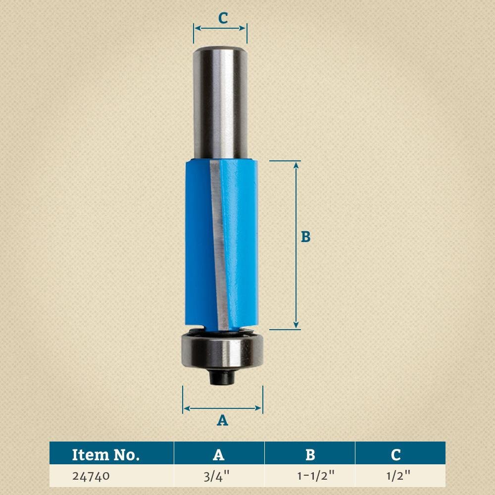 2 Flute Shear Flush Trim Bit, 3/4" Dia. X 1-1/2" Cutter x 1/2" Shank