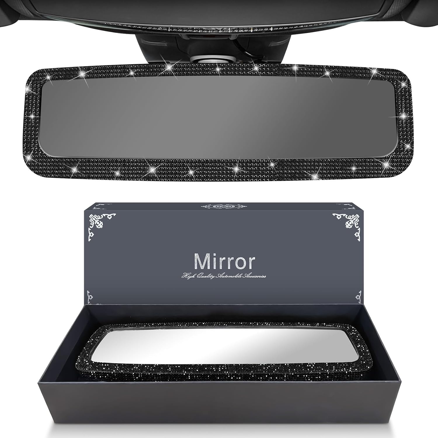 Bling Car Rear View Mirror, Rearview Accessories with Rhinestones Crystal Diamonds，Bling Car Accessories for Women (Black)