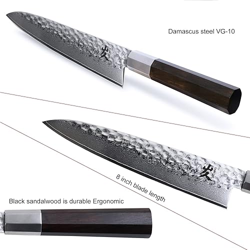 Miniatura 9 de SAMCOOK Cuchillo de chef japonés  Cuchillo de cocina profesional de 8 pulgadas con acabado martillado Damasco, VG10 Damasco de acero de alto