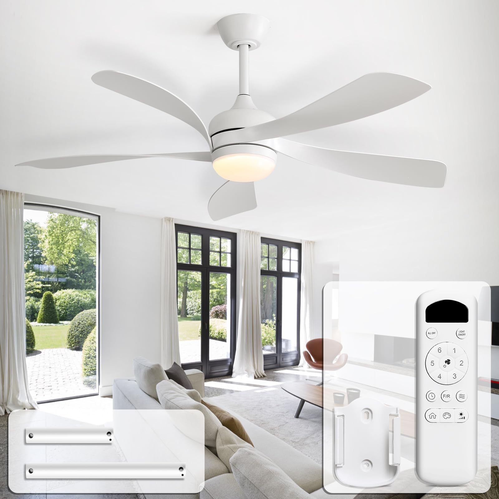 CACI Mall 52 inch White Ceiling Fans with Lights, Remote Control, Low Profile, Modern, Outdoor Ceiling Fan with with 5 Blades, Quiet Reversible DC Motor for Living Room, Bedroom, Patios