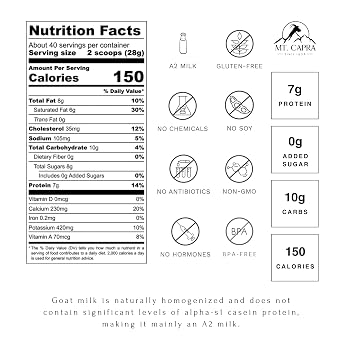 Mt. Capra Whole Goat Milk | A2 Milk | 40 Servings - 2.5 Pounds