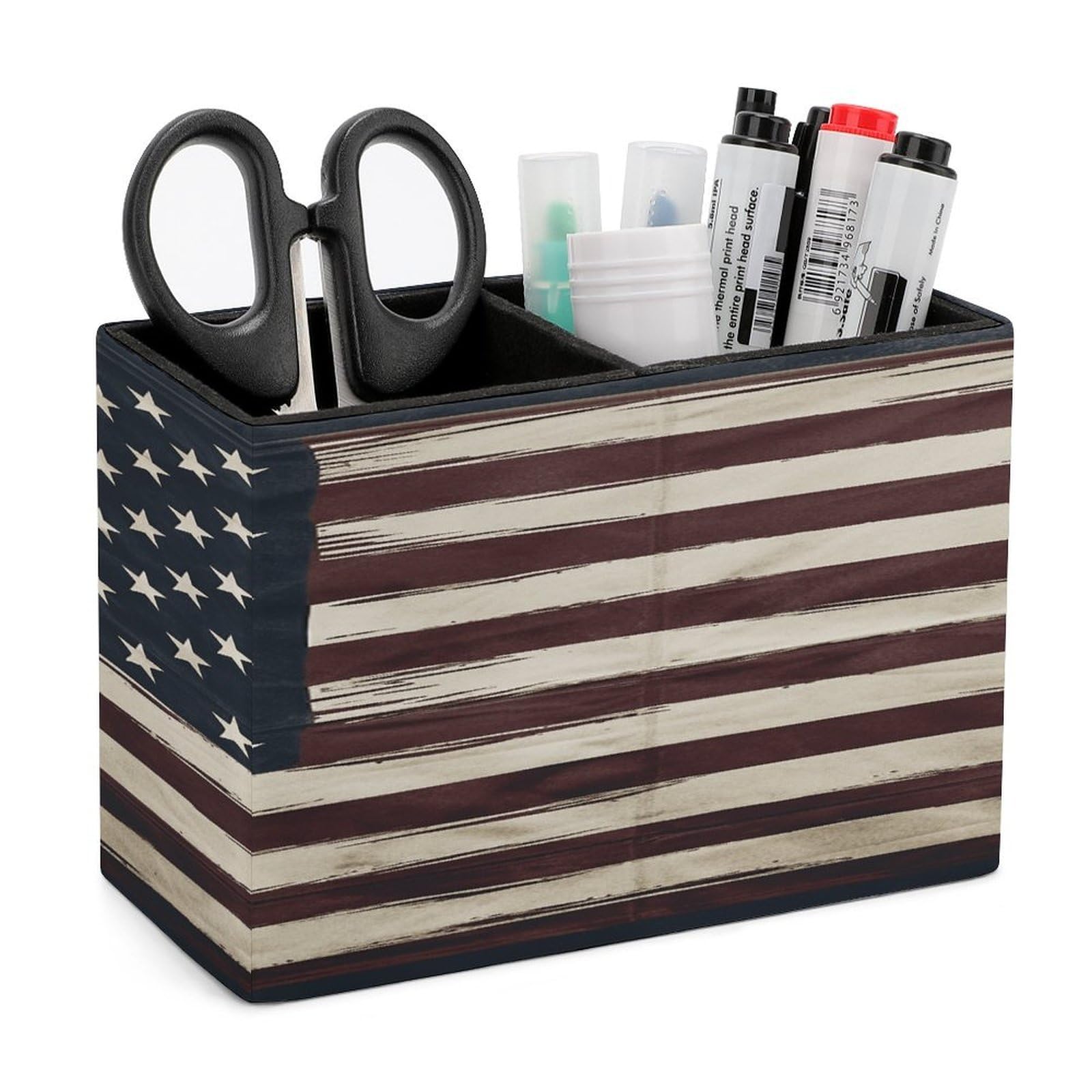 VstaDank American Flag Pen Holder Double Compartments Pen Cup Fashion Makeup Brush Holders Leather Pencil Holder for Work Locker Accessories Modern Pencil Cup for Desk Organizer
