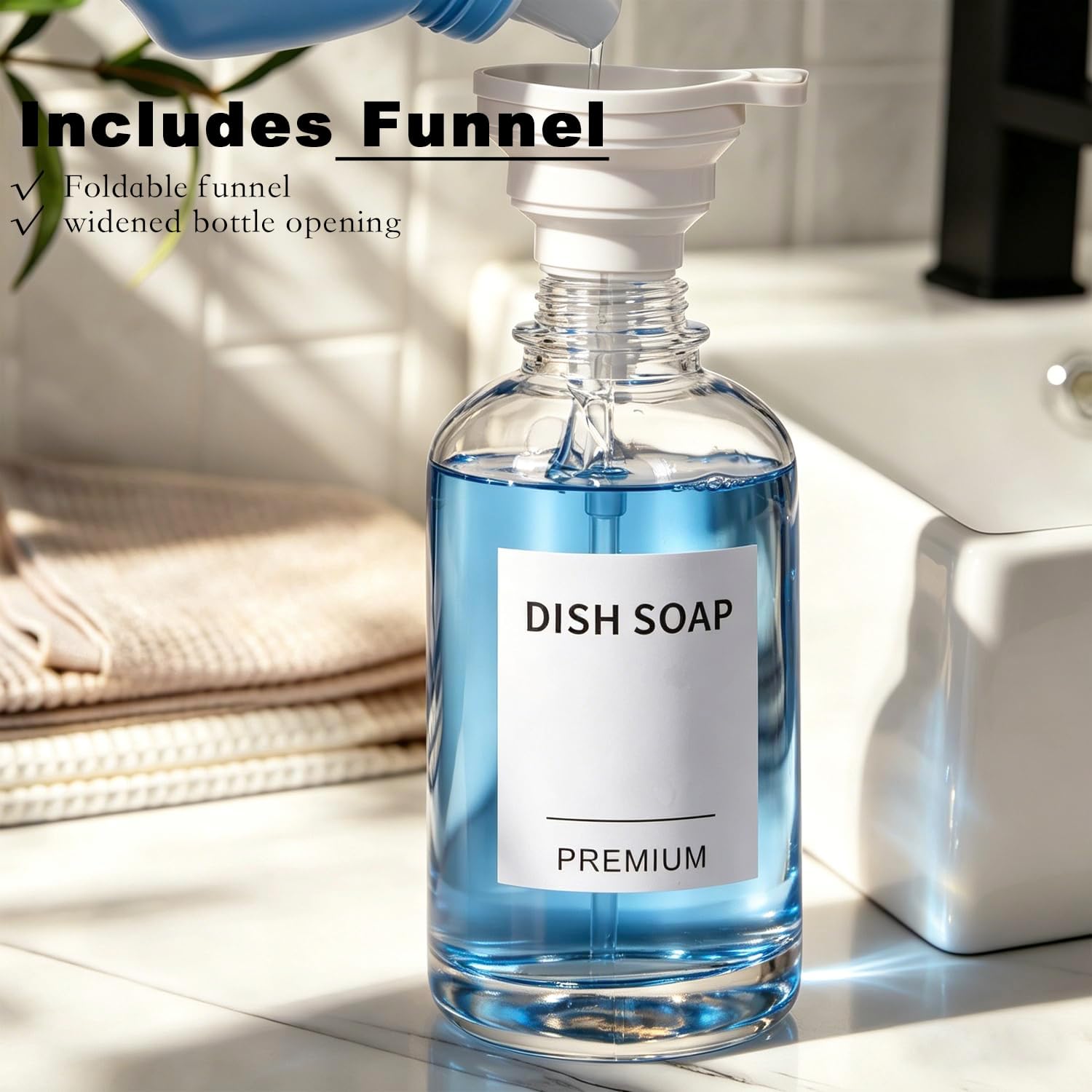 Dish Soap Dispenser for Kitchen, Hand Glass Soap Dispenser Set with Pump, Tray, Funnel for Bathroom, Shower, Laundry, Liquid, Lotion (Gold 2 Pack 18 Oz Clear Bottles with 12 Stickers)
