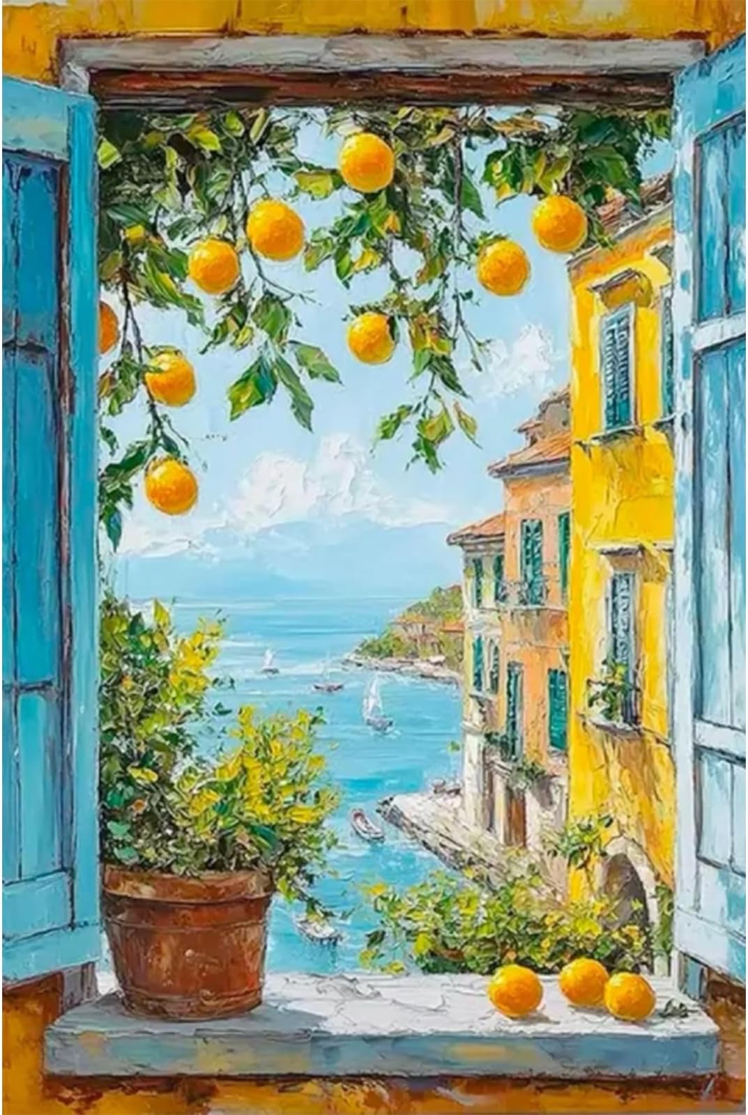 Coastal Lemon Tree Paint by Numbers for Adults with Frame, Window View Paint by Numbers Kits, Landscape Acrylic Simple Painting by Numbers for Gift Home Wall Decor (8x12in/20x30cm)