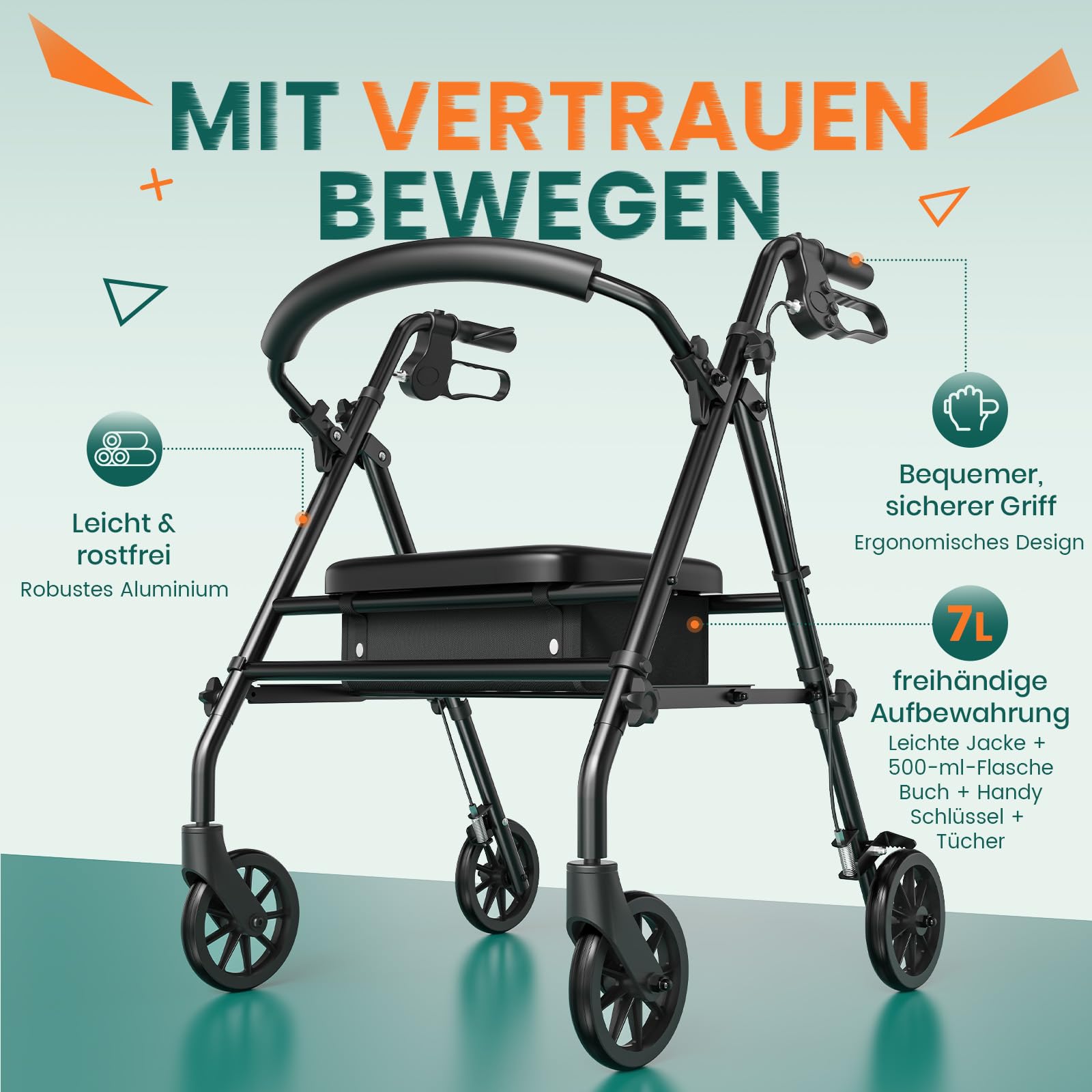 Rollator mit Sitz und Stauraum – leichter, faltbarer 4‑Rad Gehwagen mit Rahmen für Senioren und mobilitätseingeschränkte Personen, für Innen‑ & Außenbereich, Schwarz