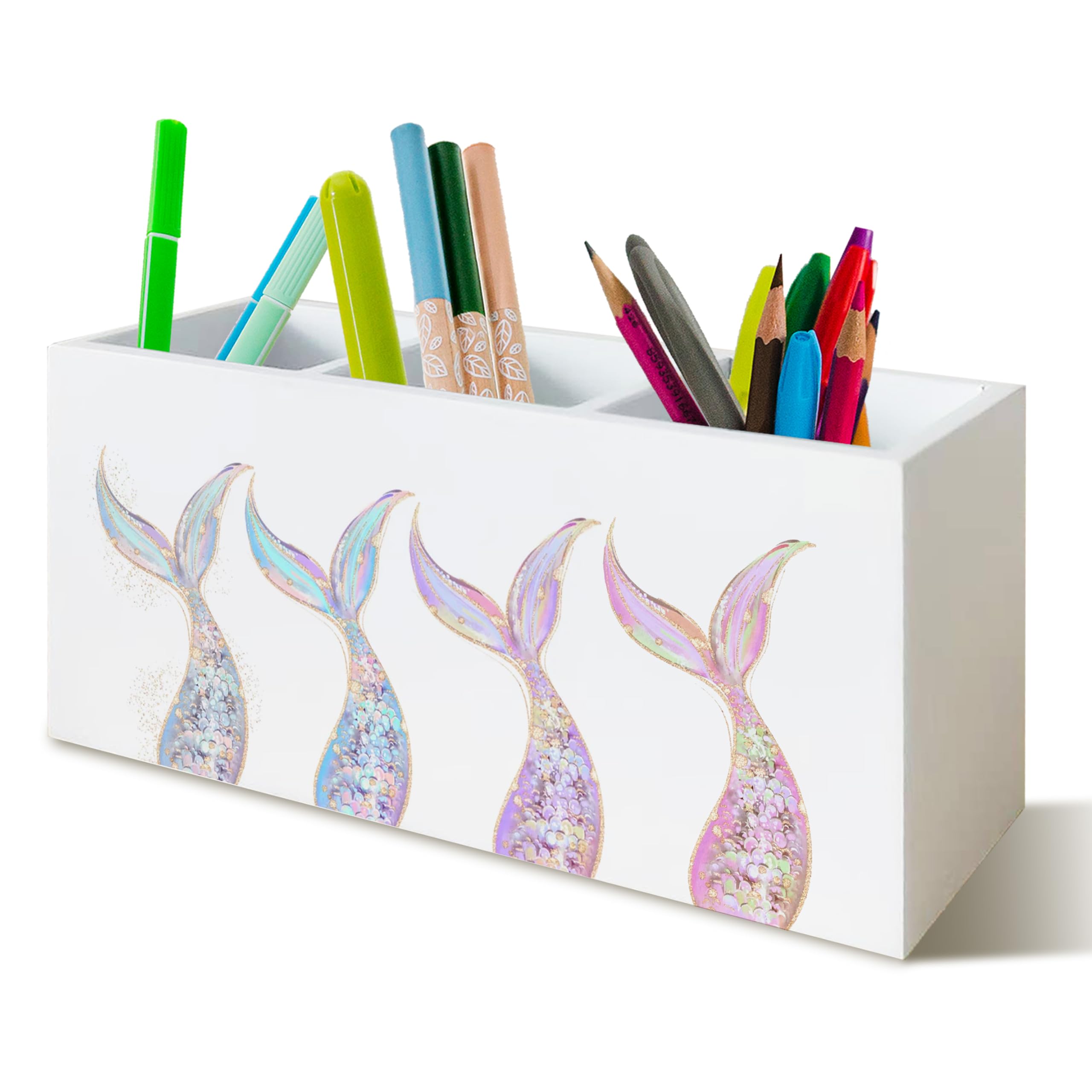 YTRGI Pastel Mermaid Beach Pen Pencil Holder Organizer for Desk, Mermaid Gifts for Girls Women, Coastal Ocean Wooden Box Block Sign for Home Classroom Dorm Office Tabletop Decor โ image 1