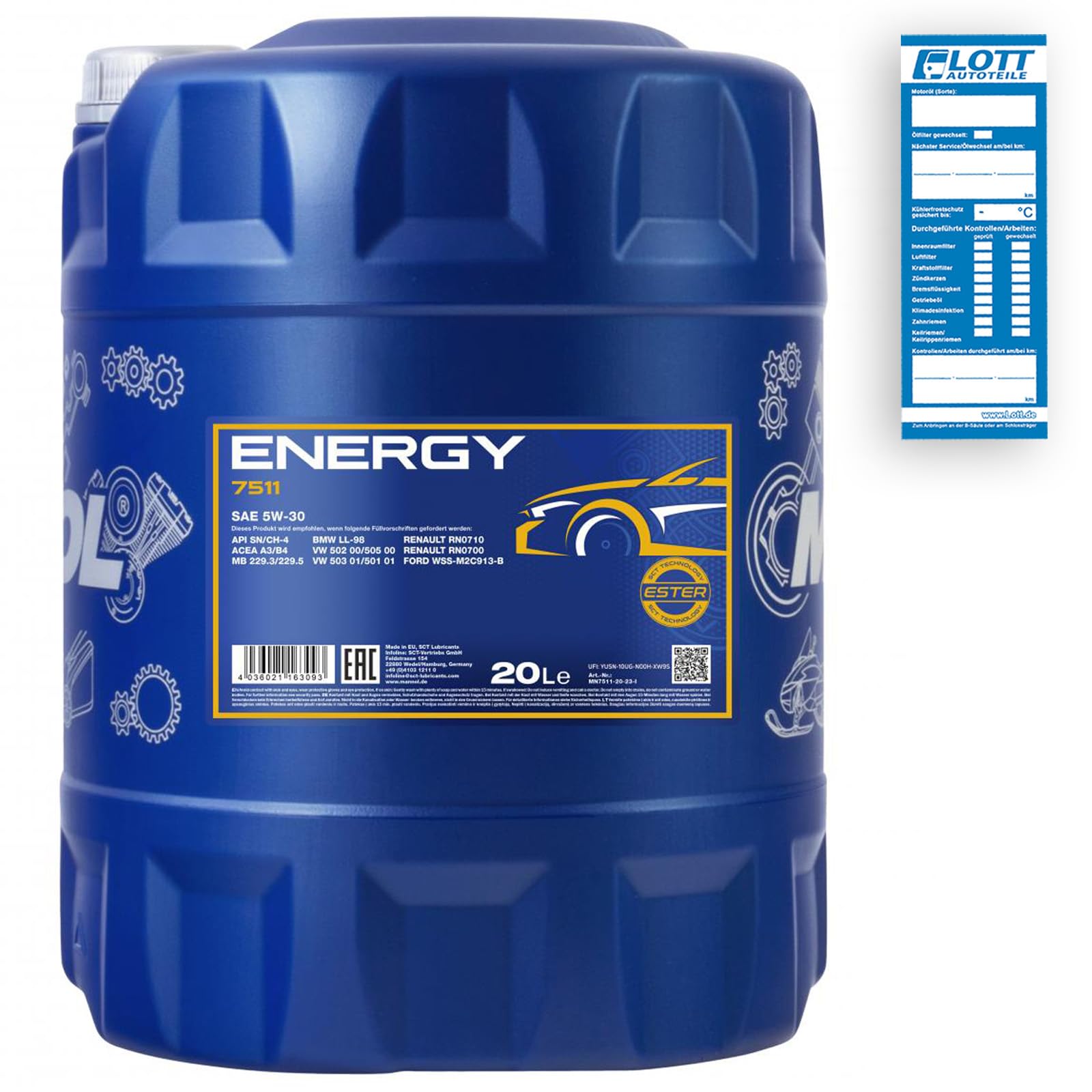 MANNOL 20L Energy 5W-30 Motorenöl API/SL 5W30 ÖL Motoröl + Auslaufhahn