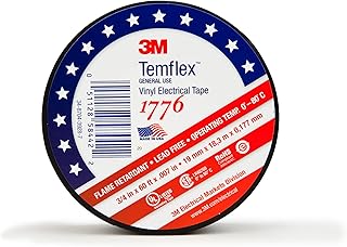 3M Temflex Vinyl Electrical Tape, 1776, 3/4 in x 60 ft, 1-1/2 in Core, Black, 1 Roll, PVC Backing