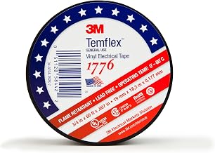 3M Temflex Vinyl Electrical Tape, 1776, 3/4 in x 60 ft, 1-1/2 in Core, Black, 1 Roll, PVC Backing