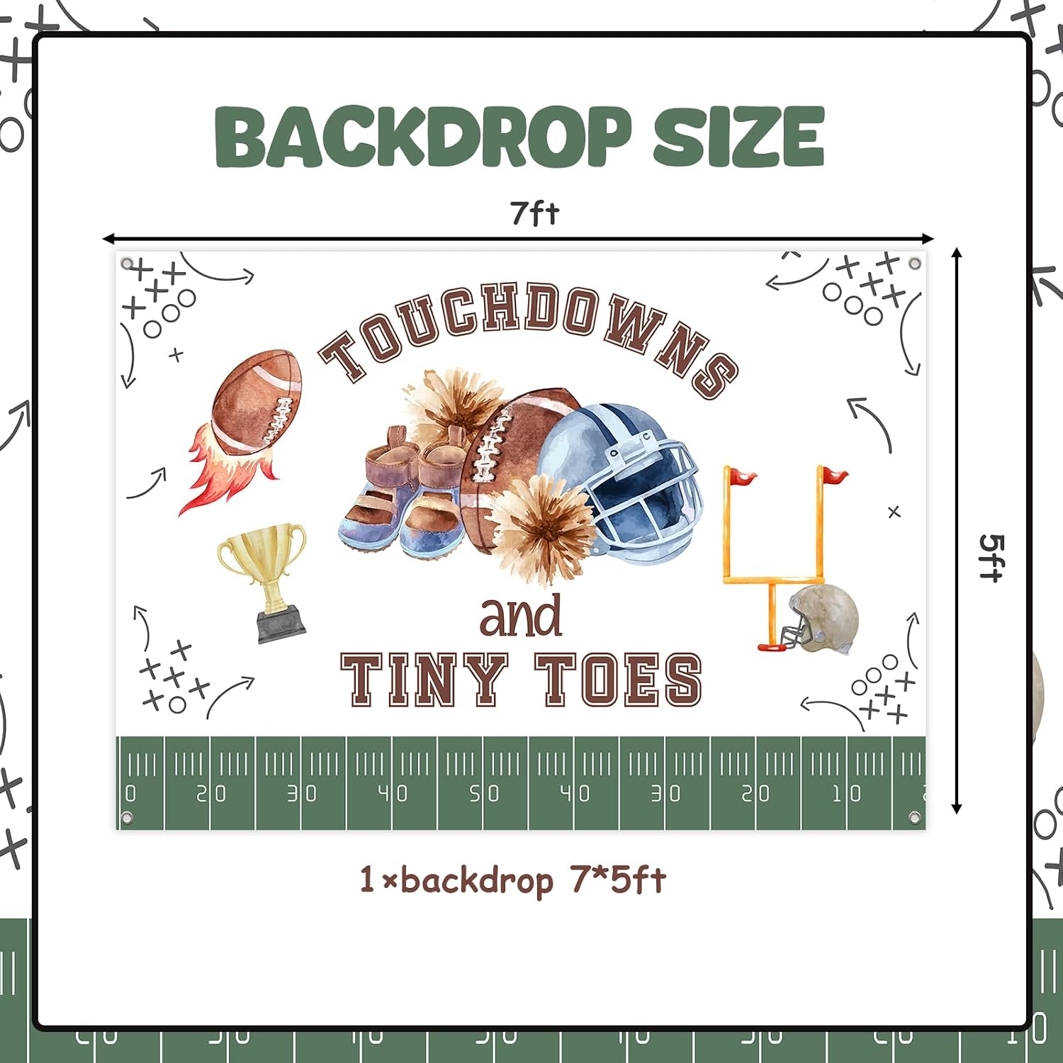 Touchdowns and Tiny Toes Baby Shower Backdrop, 7x5ft Football Themed Party Photography Background with Grommets and Ribbon, Gender Neutral Wall Decor for Baby Shower Photo Booth Decorations
