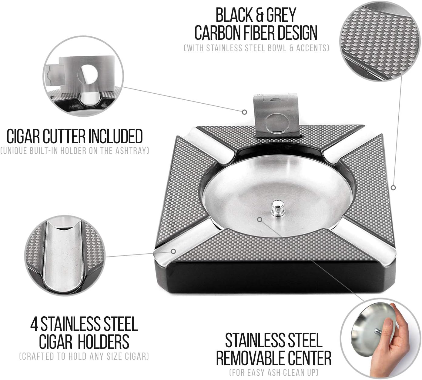 Mrs. Brog Cigar Ashtray with Built-In Cigar Cutter - Holds 4 Cigars - Removable Stainless Steel Bowl - Easy To Clean - Large Ashtray - Perfect Cigar Gift