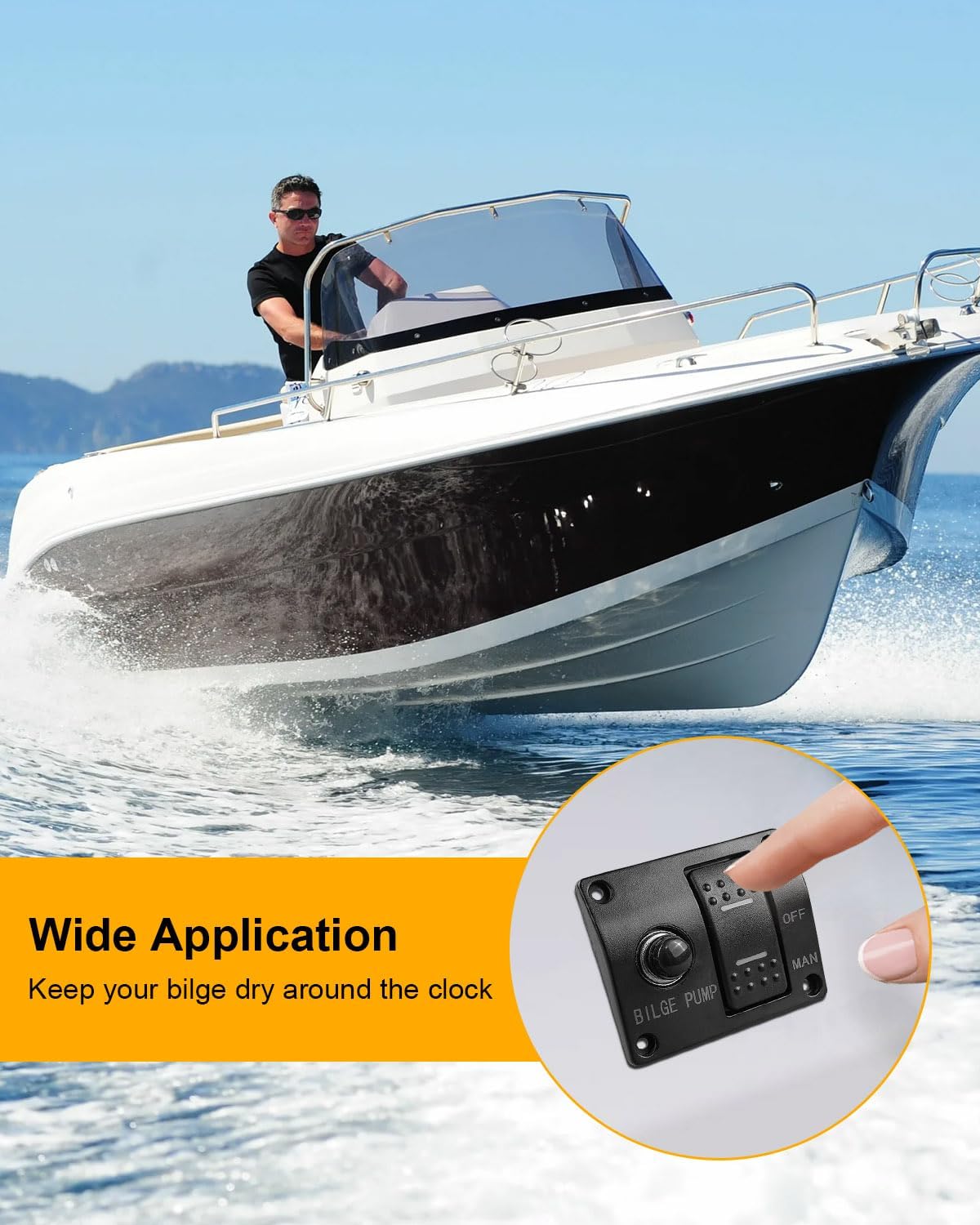 IP67 Waterproof Dry Bilge Pump System, Bilge Pump Timer Switch & Auto/Manual Control Switch, 360°Adjustable Angle Chain & Flat Port Drain for Fishing Boats with Water Storage
