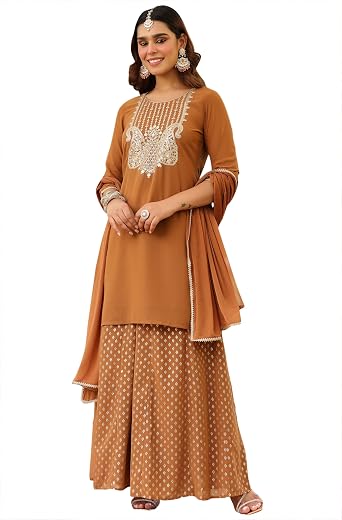 Janasya Women's Brown Georgette Embroidered Straight Kurta with Sharara &amp; Dupatta Set