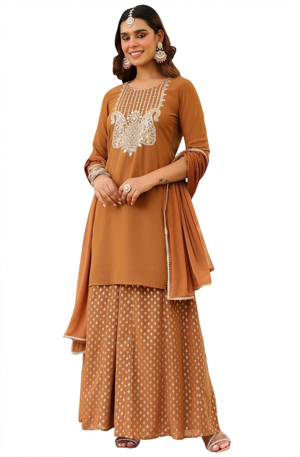 Janasya Women's Brown Georgette Embroidered Straight Kurta with Sharara & Dupatta Set - Review, Price and Buying Guide
