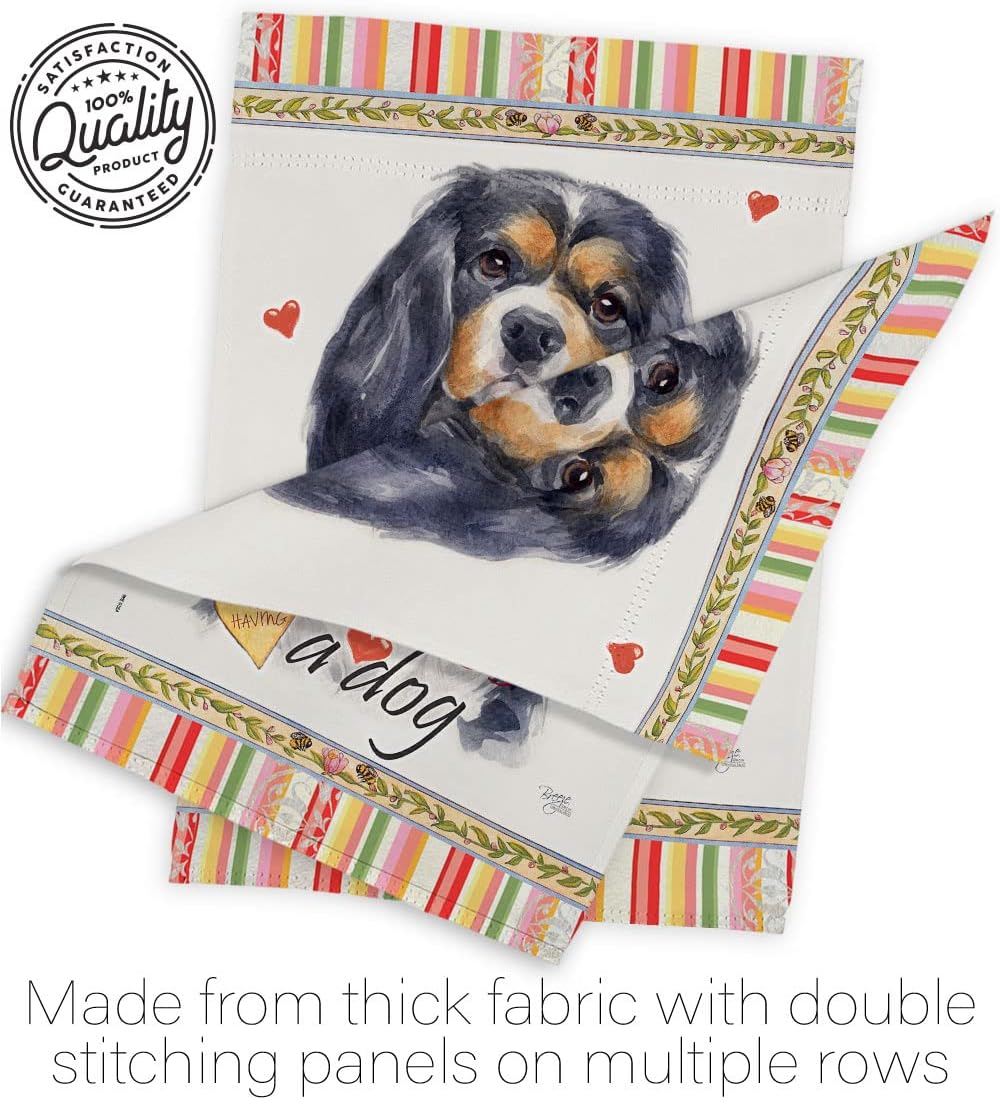 Breeze Decor Cavalier Spaniel Happiness House Flag Pack Dog Puppy Spoiled Paw Canine Fur Pet Nature Farm Animal Creature Vintage Applique Banner Small Garden Yard Gift Double-Sided, Made in USA