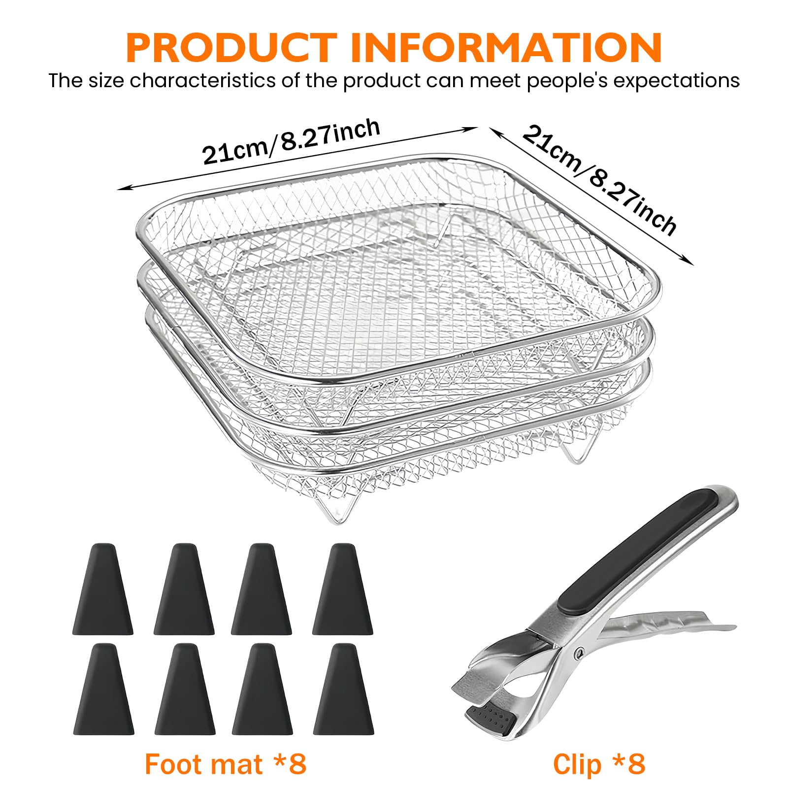 3 cesti griglia per friggitrice ad aria calda: 304 in acciaio inox con 8 piedini in silicone, cesti in acciaio inox, cesti impilabili per airfryer, friggitrice ad aria (quadrato)