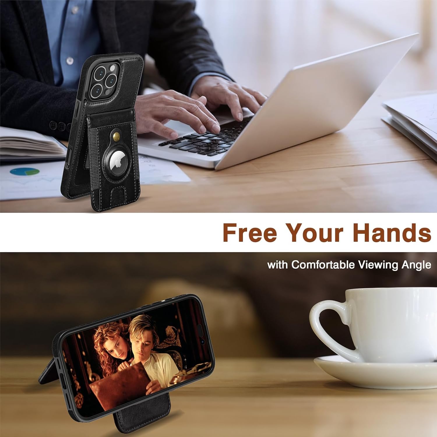 LOHASIC for iPhone 16 Pro Max Wallet Case, Premium Leather Detachable Card Slots Back Cover with Airtag Holder Design Compatible with MagSafe Wireless Charging 2024, Brigh Black