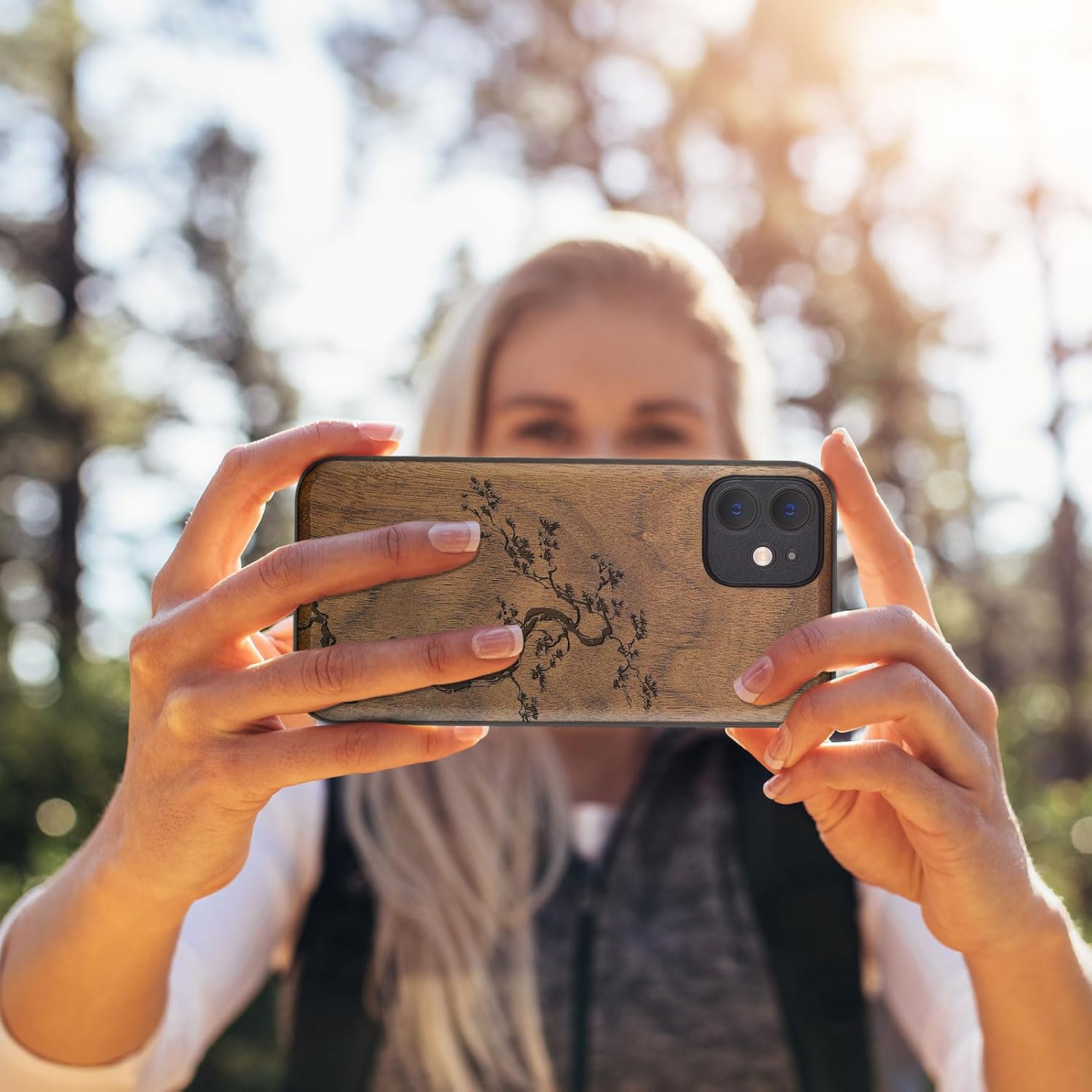 Carveit Magnetic Wood Case for iPhone 12 Case [Natural Wood & Black Soft TPU] Shockproof Protective Unique Wooden Cover Compatible with MagSafe (Majestic Pine Tree -Walnut)