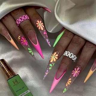 Pink French Tip Press on Nails Stiletto Fake Nails with Colorful Floral Designs 24 Pcs Natural Reusable Long Almond Acrylic Nail Full Cover Stick on Nail for Women Fashion WYFHDT