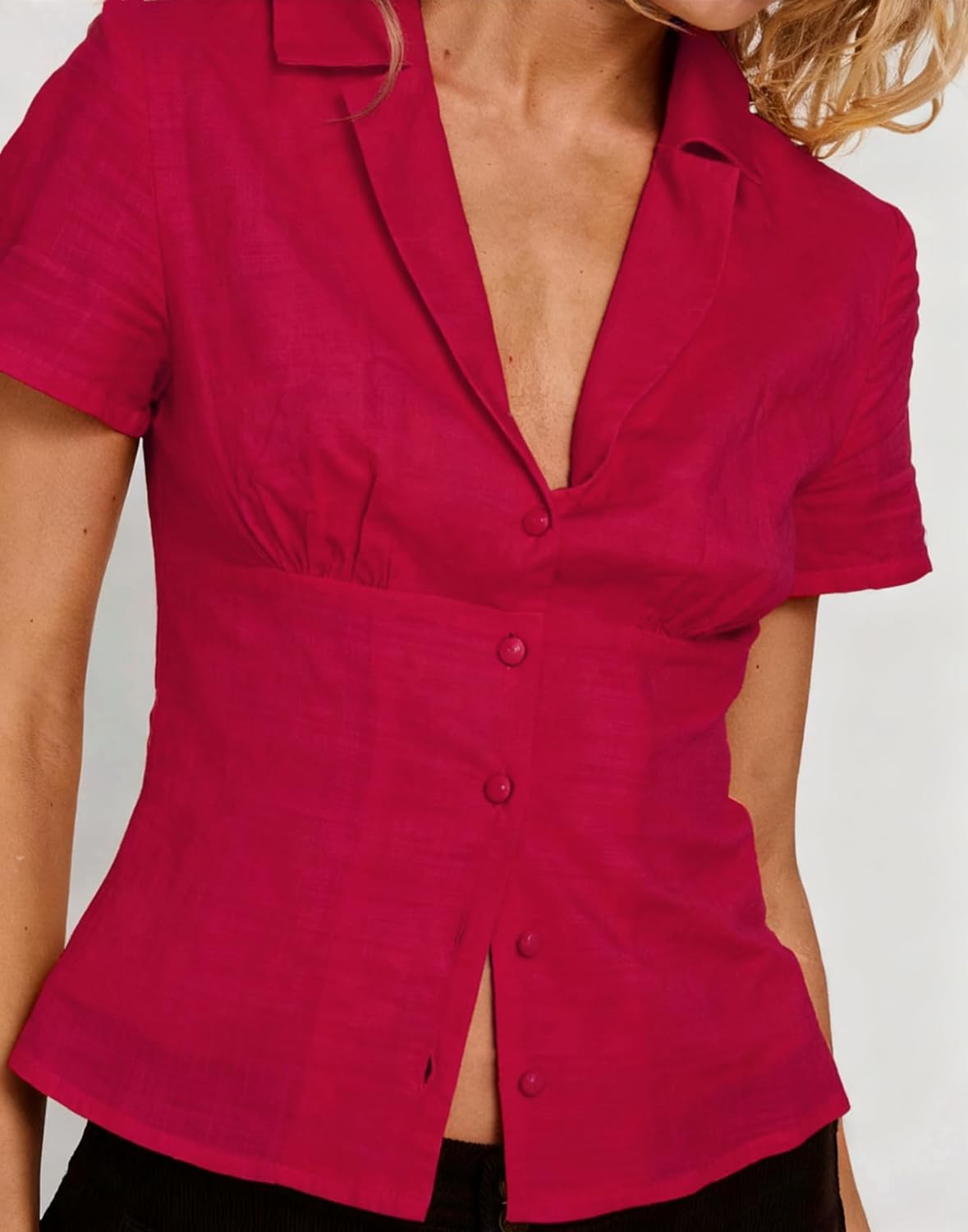 Women Y2K Button-Up Short Sleeve Shirt Slim Fit V Neck Lapel Collar Cropped Top Blouse - Image 5