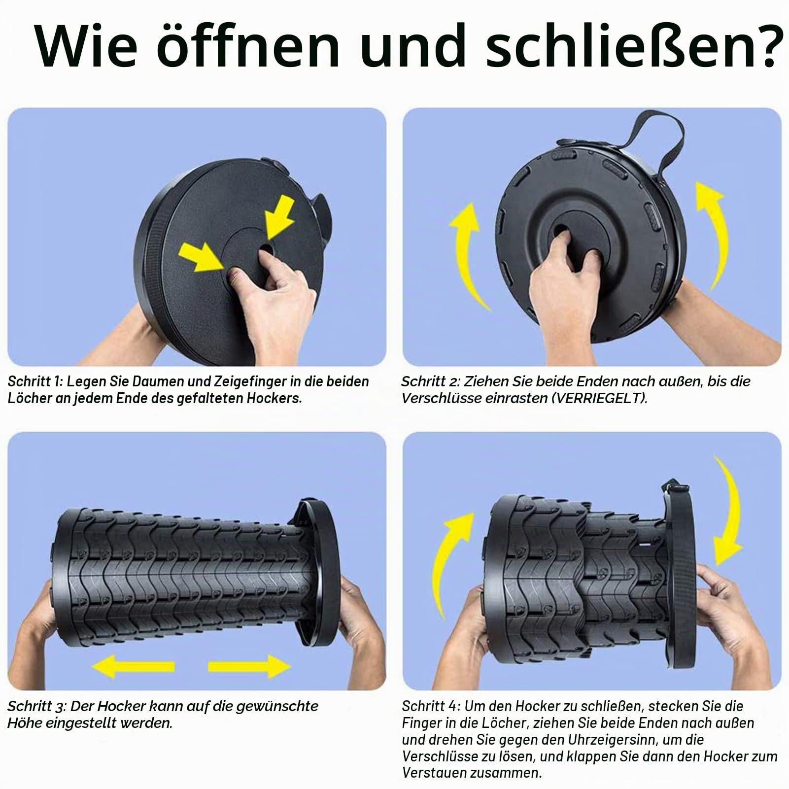 Tragbarer Teleskophocker, einziehbarer Klapphocker für Camping, Garten, Angeln, Wandern, Reisen, Grillen, verstellbare Klapphocker, maximale Traglast 180 kg
