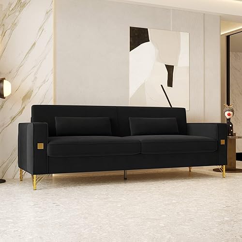 DHPM Sofá tapizado moderno de terciopelo dorado con patas de metal dorado de 3 plazas para sala de estar, dormitorio, oficina, color negro