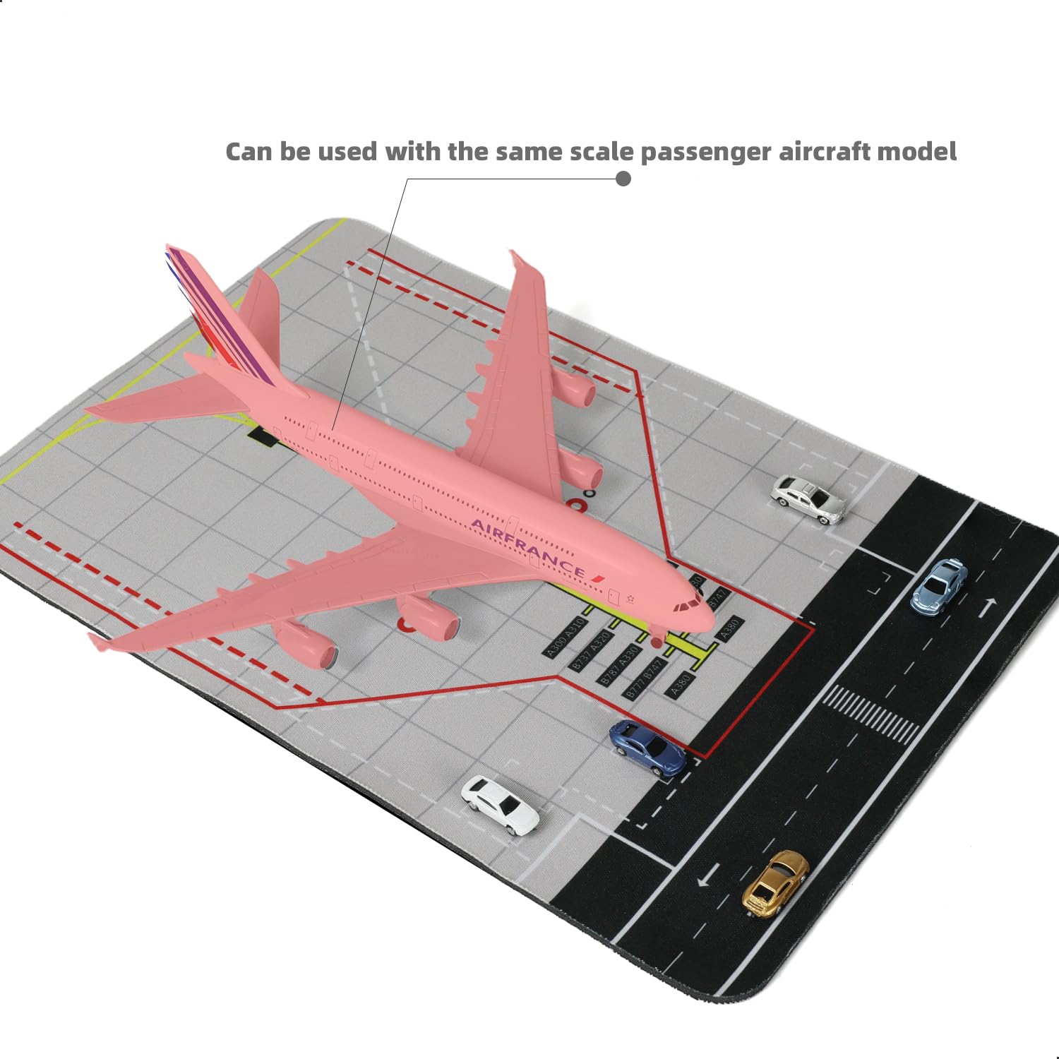 Tappetino in gomma per layout scena aeroportuale con design pista con 5X 1/200 semplici modelli di mini auto, per 1/400 e 1/500 modello singolo, base per display giuntabile o decorazione