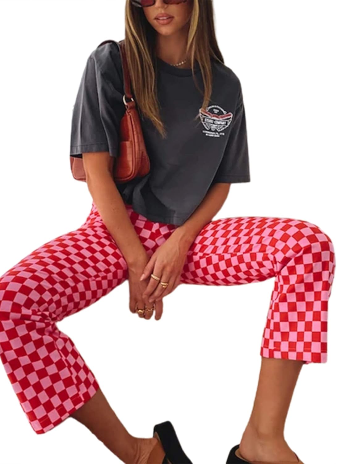 Size L- Women Casual Straight Wide Leg Flare Pants High Waist Baggy Checkerboard Printed Trousers Joggers 90s Streetwear