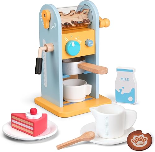 ICEKO - Juego de cafetera de juguete de madera con molinillo - 11 piezas de accesorios de cocina realistas para niños - Juguetes de simulación -