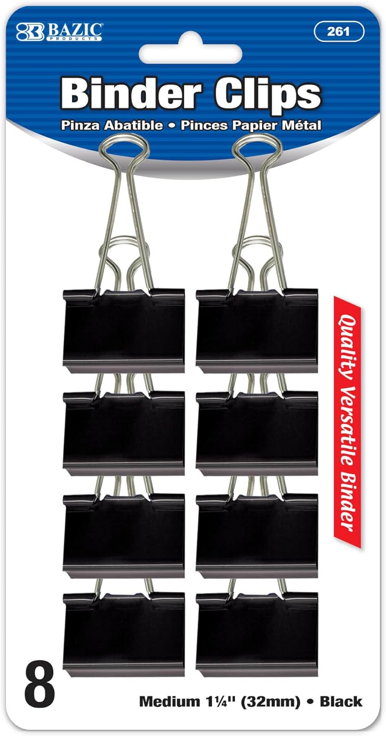 BAZIC Products Medium Binder Clips - Black Color Paper Clamps, Metal Binder Clips for Paper, Classroom Use and Office Essentials, 8/Pack, 24-Packs