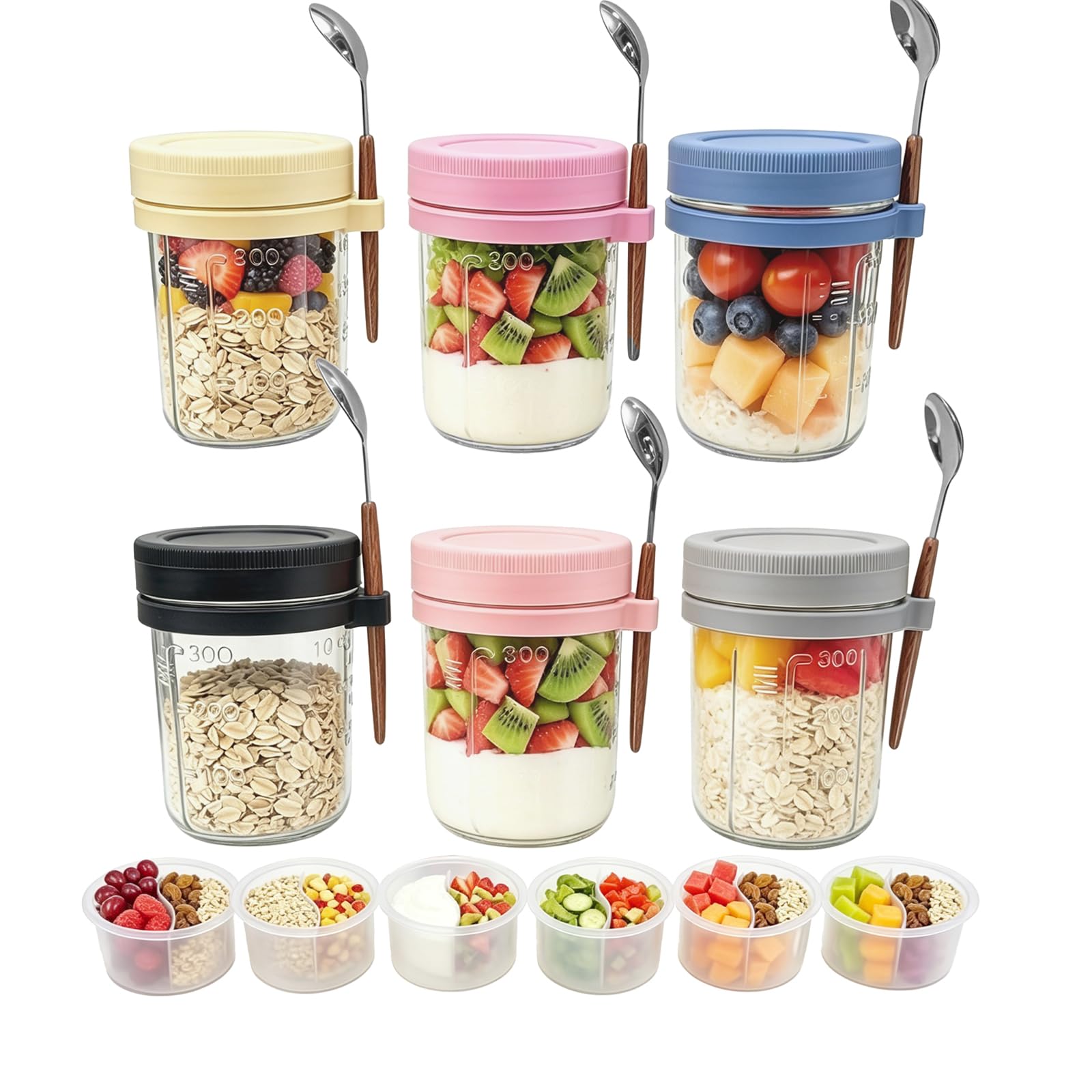 Hniuyun Transparent 6-Pack 16 Oz Glass Overnight Oats Containers With Lids & Spoons – Airtight Leakproof Mason Jars With Separate Compartments For Yogurt, Chia Pudding, Salad & Meal Prep