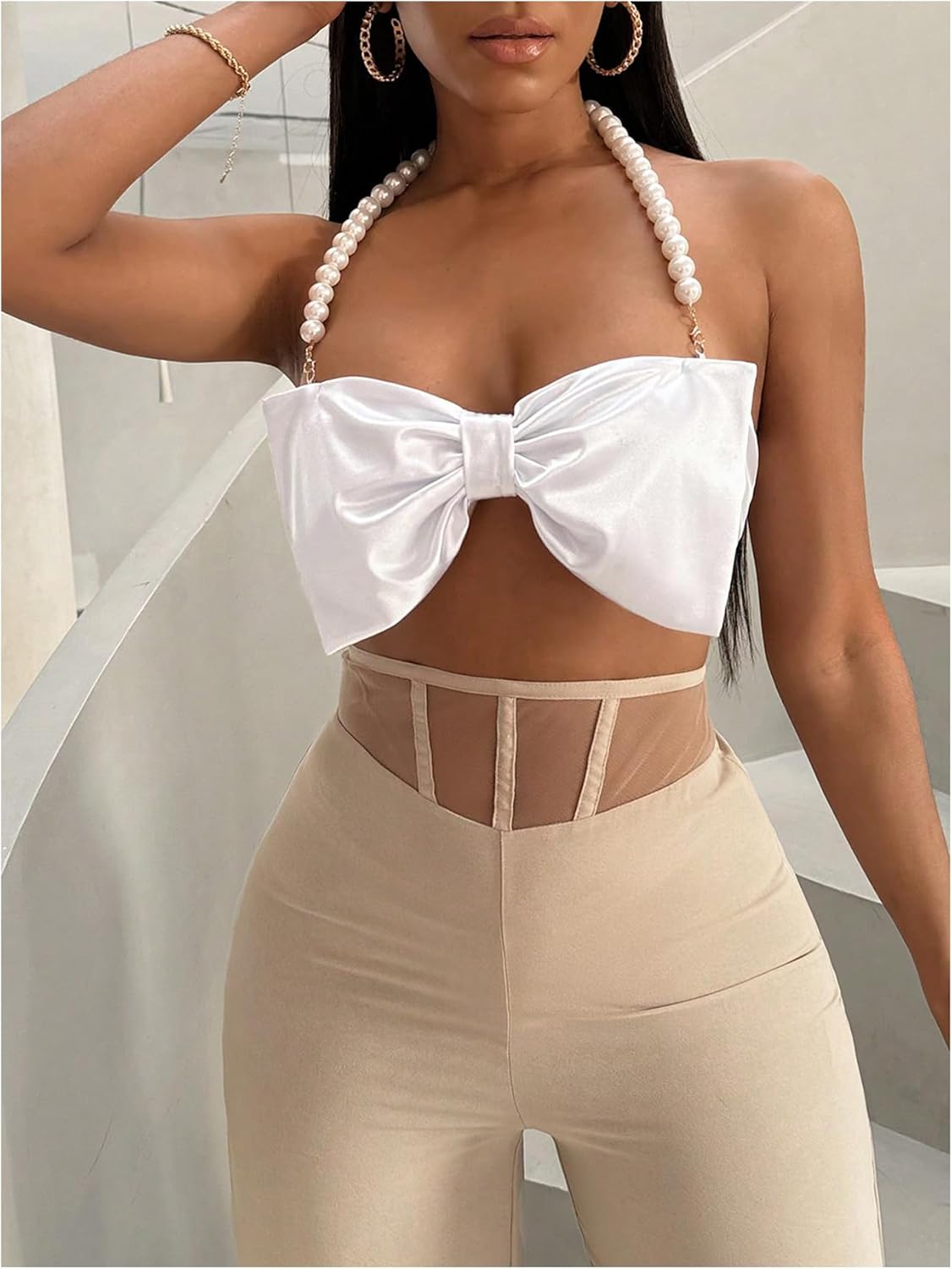 SOLY HUX Women's Pearls Beaded Halter Bow Front Cami Crop Tops Sexy Camisole - Image 6