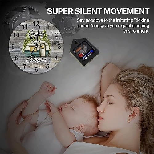 Miniatura 5 de Reloj redondo de madera rústica de 10 x 10 pulgadas, con temática de campamento, con números arábigos, silencioso, sin tictac, funciona con pilas,