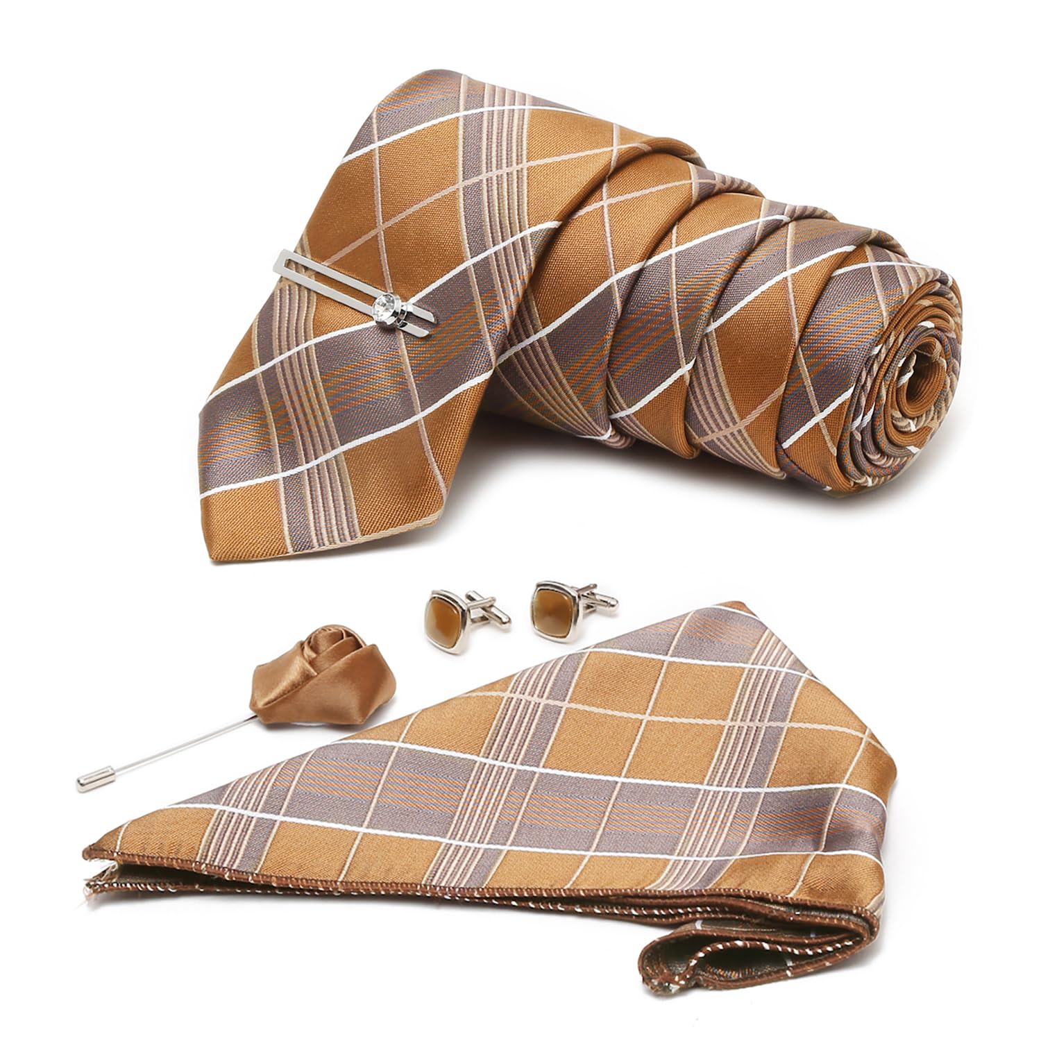 Mens Brown Checkered Italian Silk Necktie Set Incl Pocket Square Cufflinks Chrome Tiepin Brooch American Style Formal Tie Gift Set for Men (TEBR012-CP)-image-44
