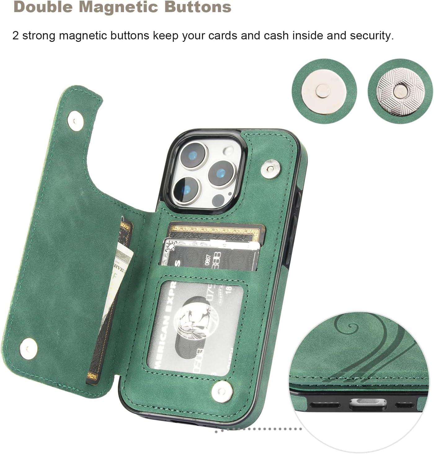 Vaburs Compatible with iPhone 16 Pro Case Wallet with Card Holder,Embossed Butterfly Pattern PU Leather Double Buttons Flip Protective Shockproof Cover for Magnetic Car Mount 6.3 Inch (Dark Green) - Image 7