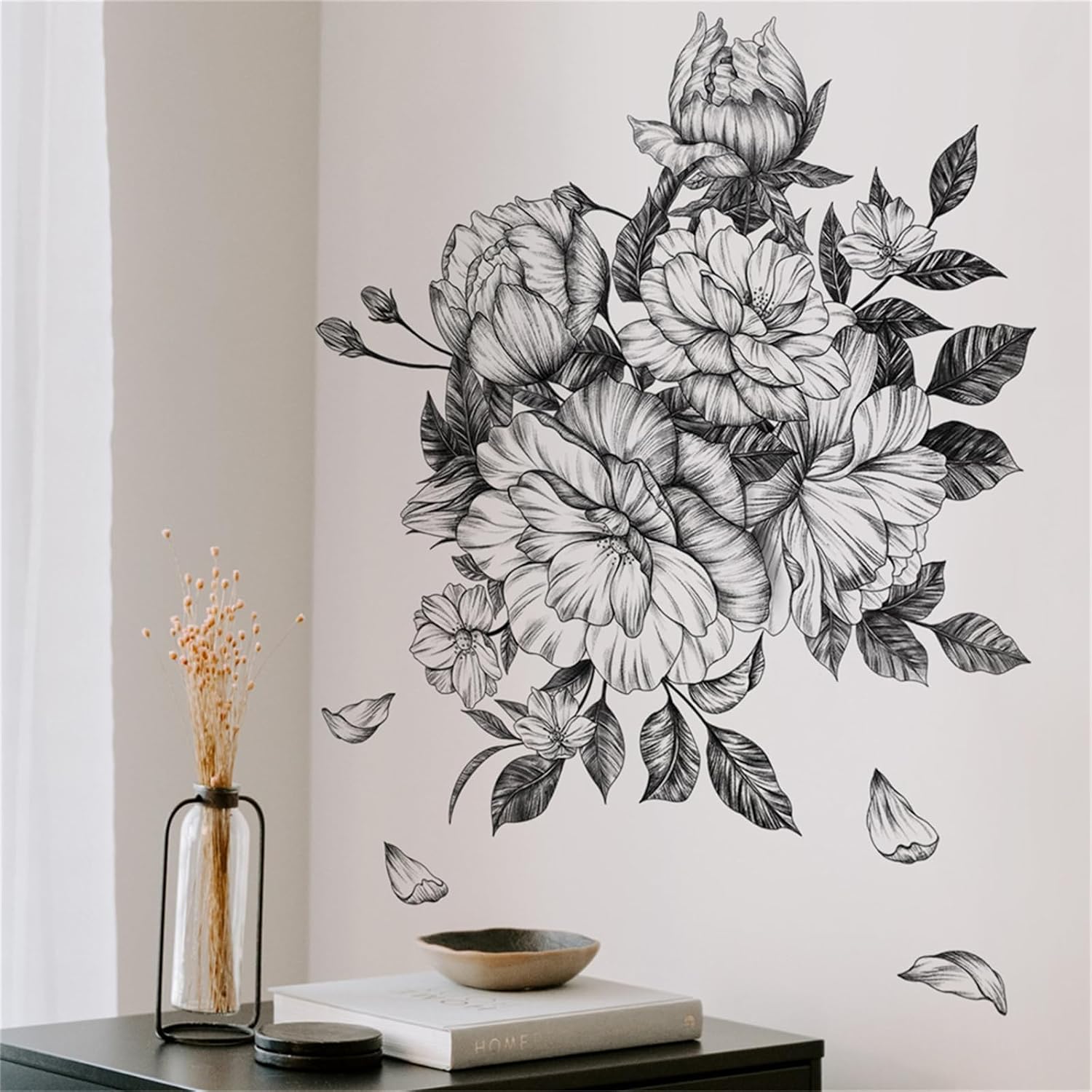 Amazon.com: Black and White Peony Flower Wall Decals Monotone Floral ...
