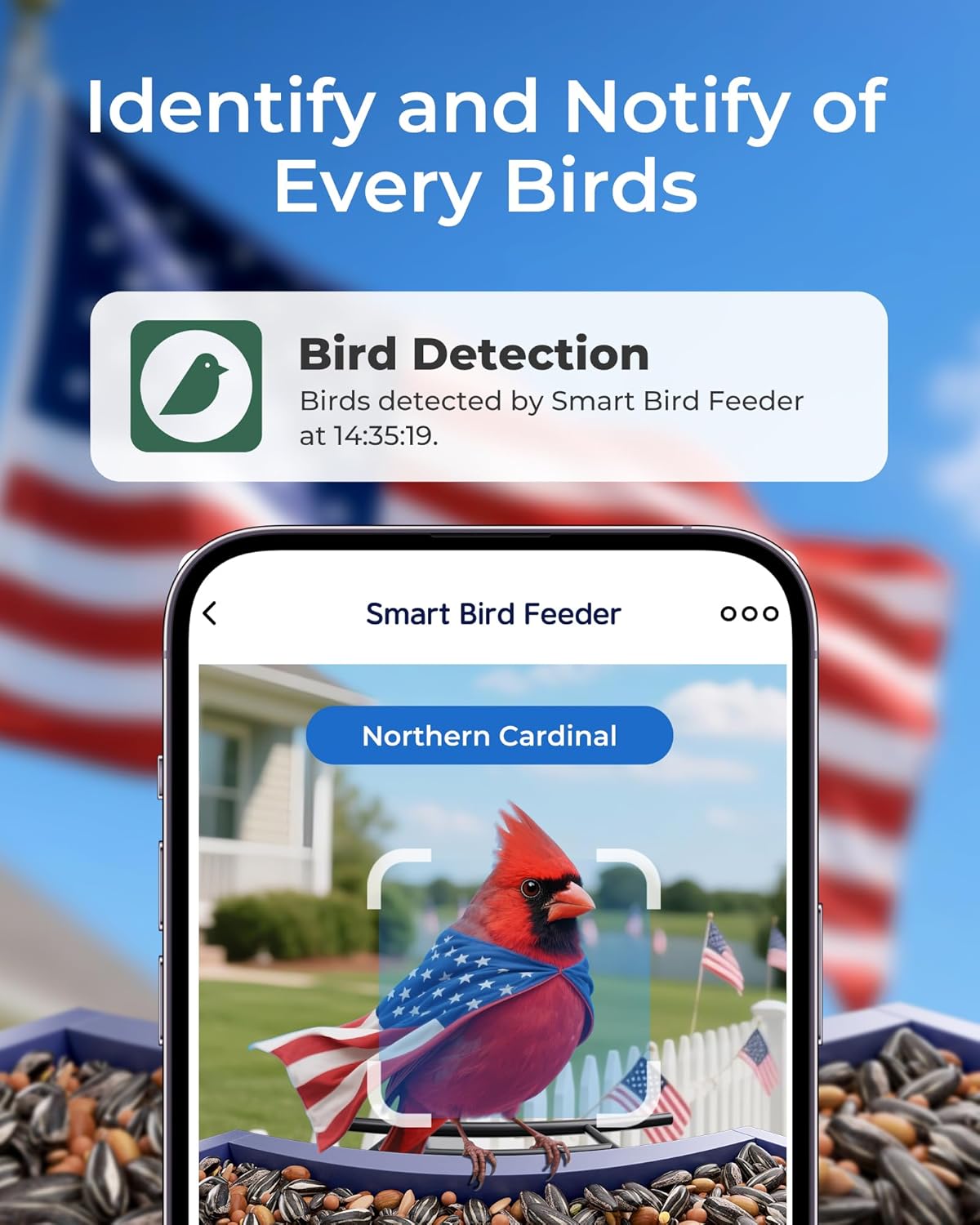 TT Nature Bird Feeder with Camera, Solar Powered Smart Birdhouse Cam with Auto Capture & Bird Identify, Instant Real-time Notifications, 1080P Cam, Gift for Outdoor Birdwatching, Flag Style - Image 3