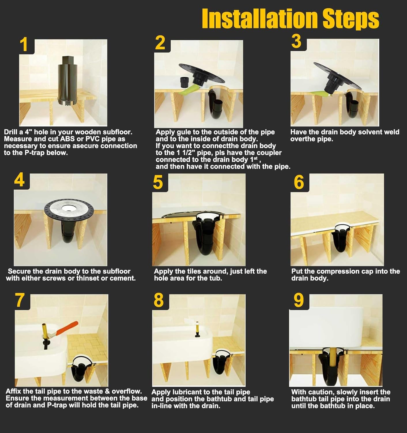 Freestanding Tub Drain Rough-in Kit with 12" Base, Free Standing Bathtub Drains Easy Installation CUPC Certified Includes Brass and ABS Pipe