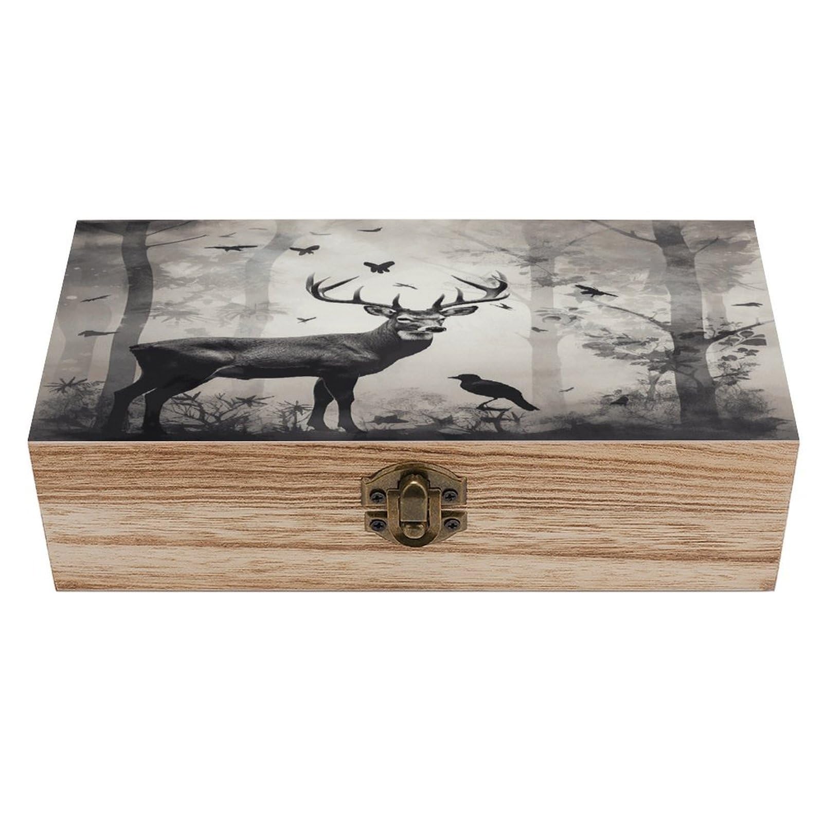 Btcowzrv Style Hunting Silhouette Of Deer Wooden Storage Box, Keepsake Box With Hinged And Retro Lock, Wood Jewelry Organizer For Photos & Mementos And Home Decor